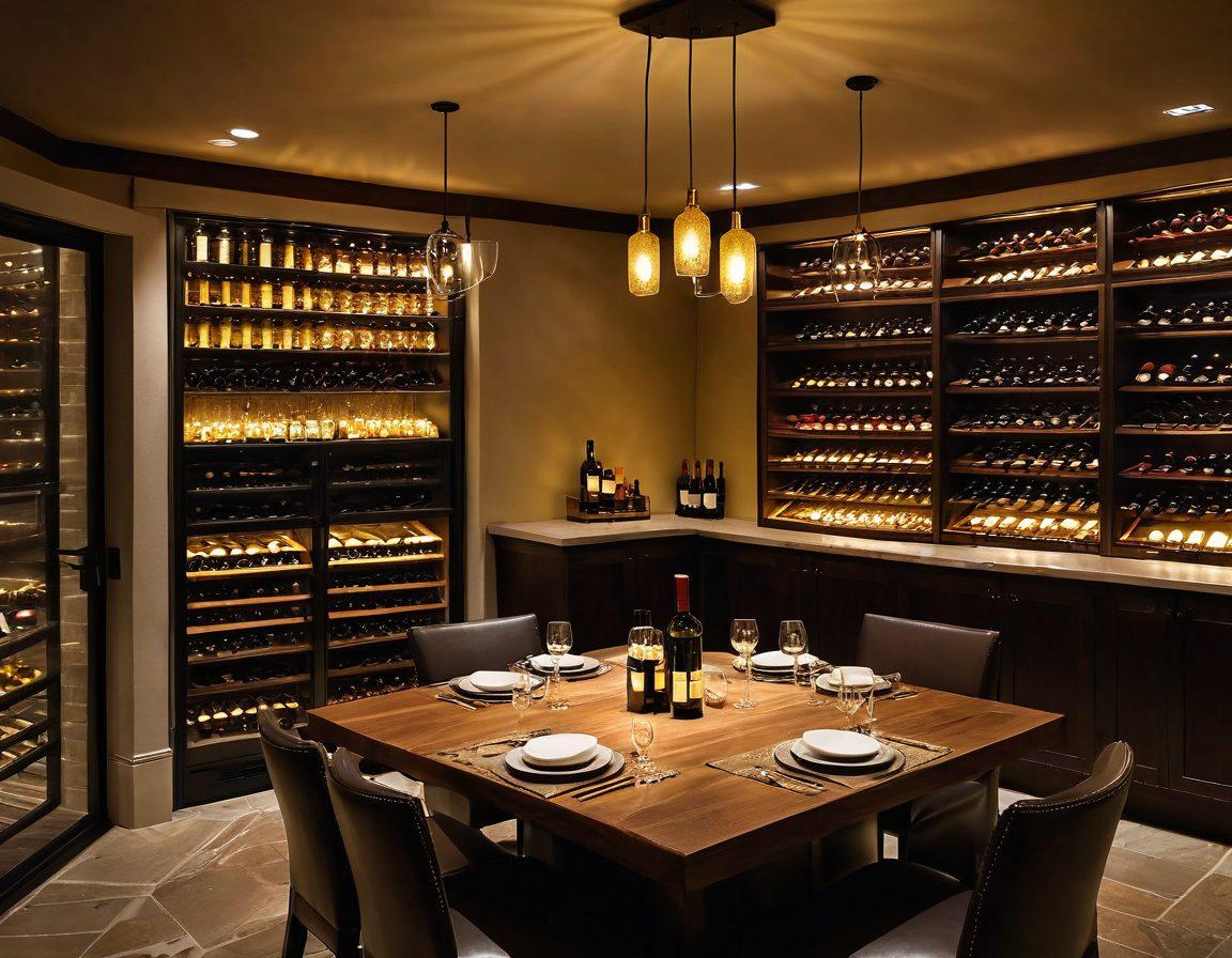 A cozy wine cellar adorned with innovative ambient lighting, showcasing a variety of wine bottles and glasses. Include warm, soft yellow lights illuminating the space, creating a celebration atmosphere. Highlight unique lighting fixtures, like hanging glass orbs and LED strips, to enhance the ambiance. A tasting table elegantly set in the foreground with wine and delectable snacks. super-realistic. warm colors. inviting ambiance.