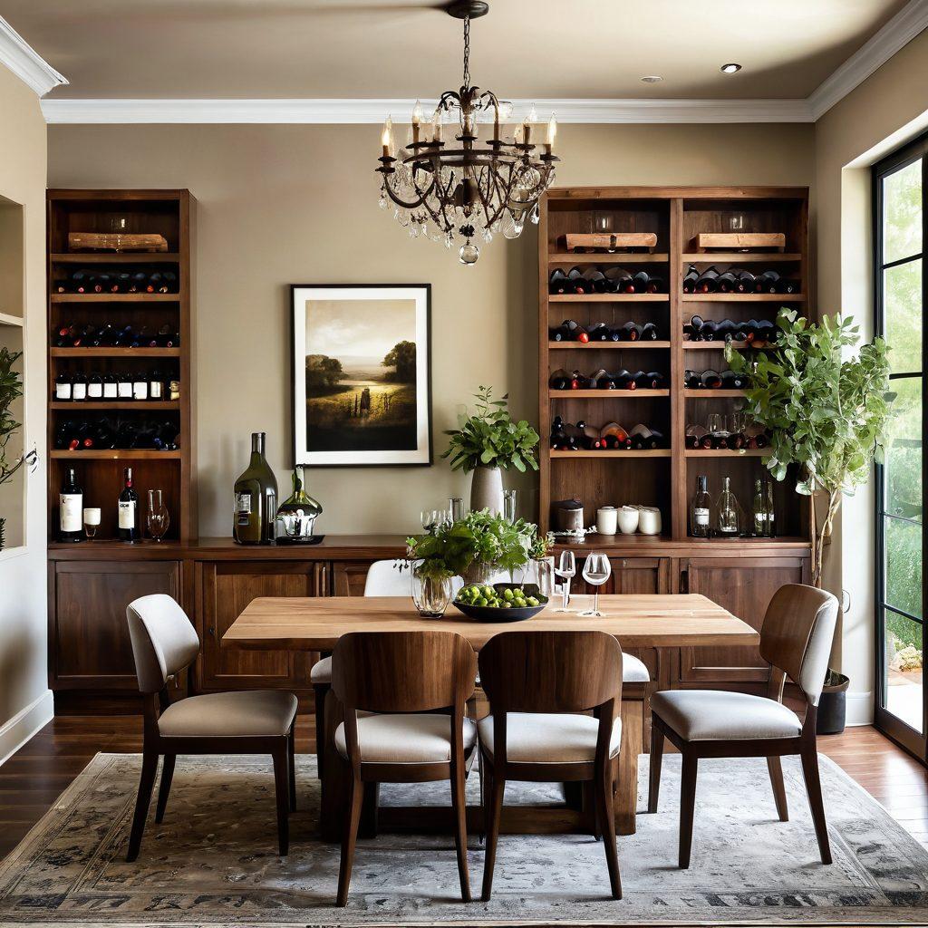 A beautifully designed dining room with an elegant wooden table set for a wine tasting, surrounded by chic decor items like wine glasses, a gorgeous wine rack, and lush greenery. Soft ambient lighting creates a warm atmosphere, reflecting the sophisticated theme of wine enjoyment. Incorporate hints of rustic charm with modern touches to inspire an elevated home layout. super-realistic. warm tones. elegant style.