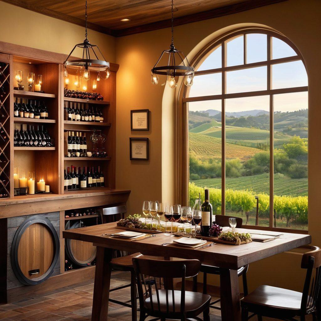 A cozy wine tasting room adorned with warm, ambient lighting. Shelves filled with diverse wine bottles, surrounded by rustic decor such as wooden barrels and pendant lights resembling wine glasses. A beautiful arrangement of grapes and candles on a table adds a touch of elegance. The background features a picturesque view of the Natural State's rolling hills through a large window. super-realistic. warm colors. inviting atmosphere.